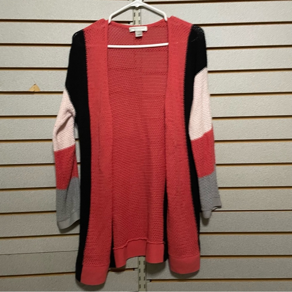 Christopher & Banks Petite PM Medium Coral Black White Open Front Cardigan